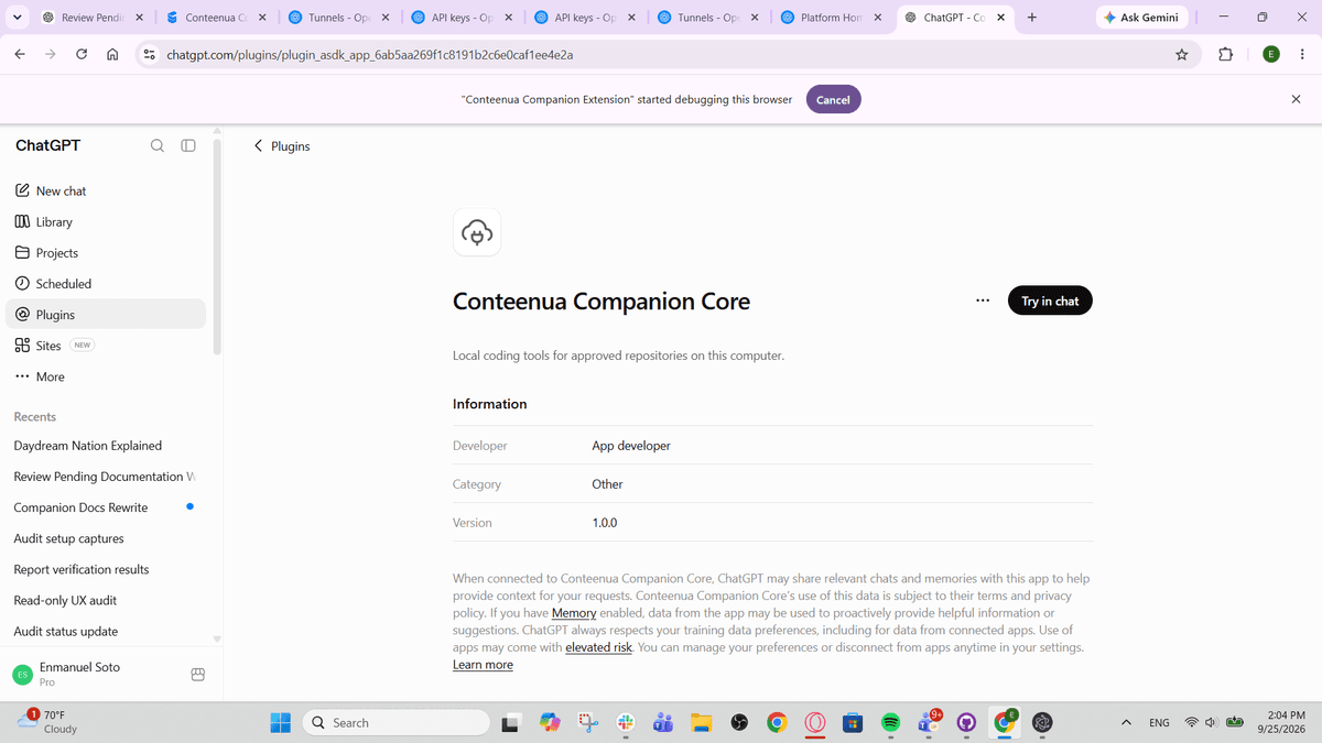 Conteenua Companion Core MCP App in ChatGPT after creation