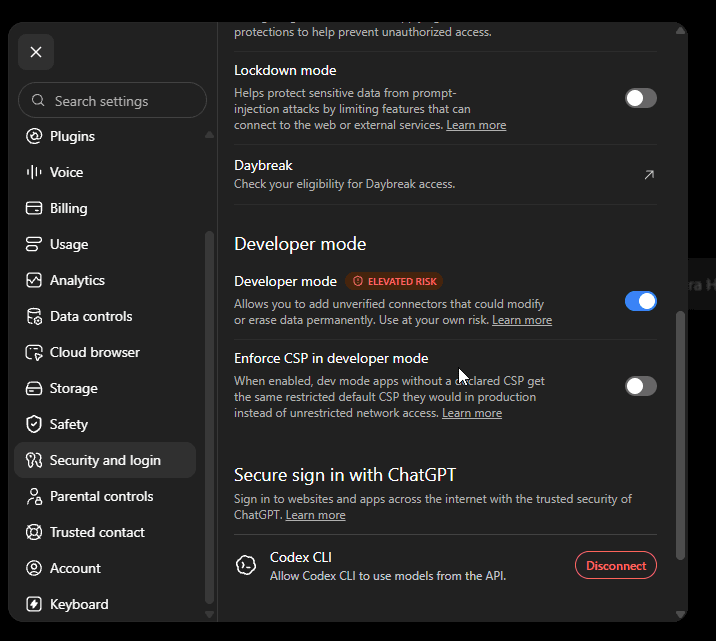 ChatGPT settings with Developer mode enabled