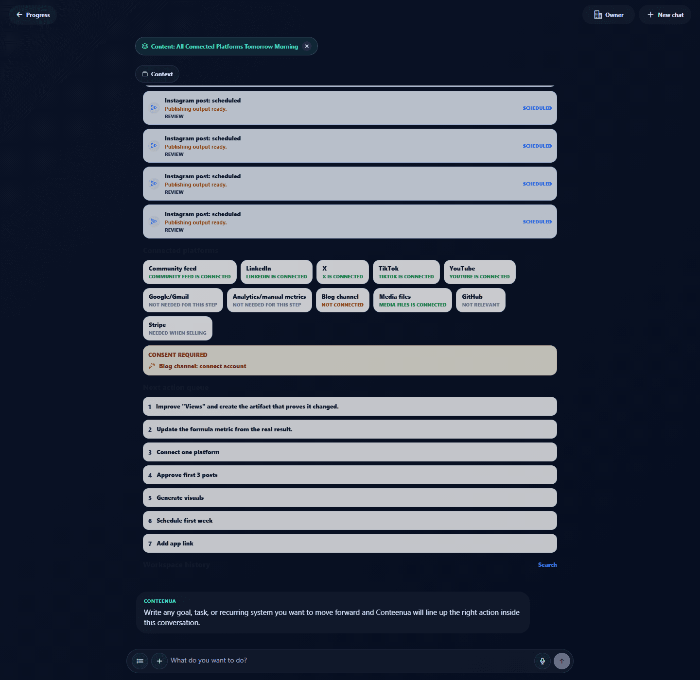 Conteenua desktop workspace showing scheduled publishing outputs, connected platforms, and next actions