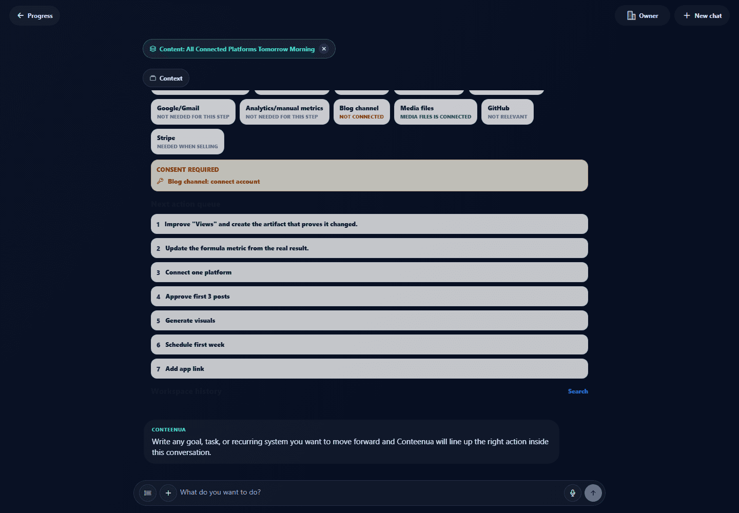 Conteenua desktop workspace showing platform state, approval state, history, and bottom composer