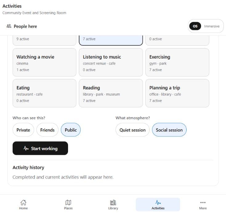 Conteenua activity chooser with working selected