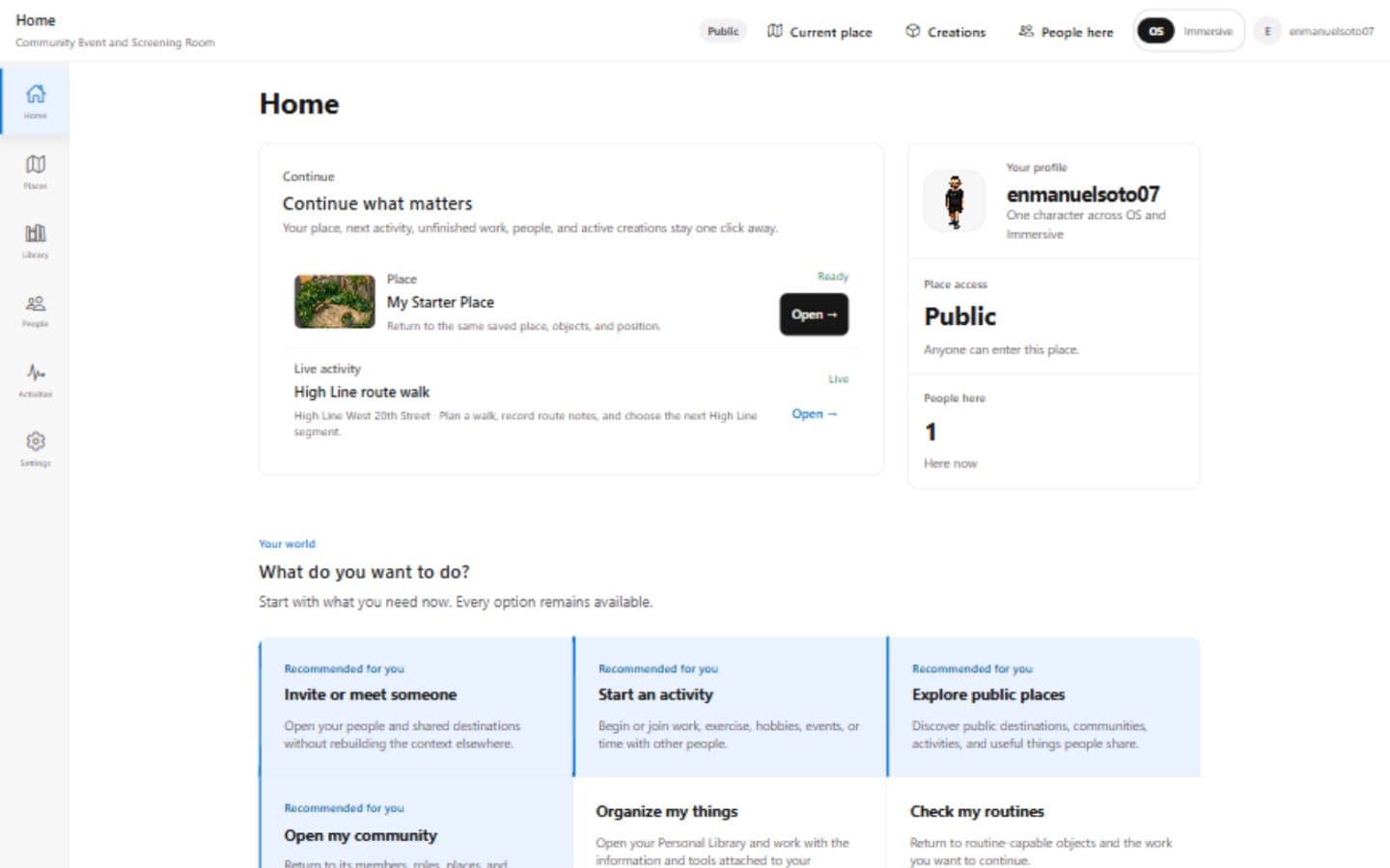OS Mode home with work, a place, and an activity ready to continue