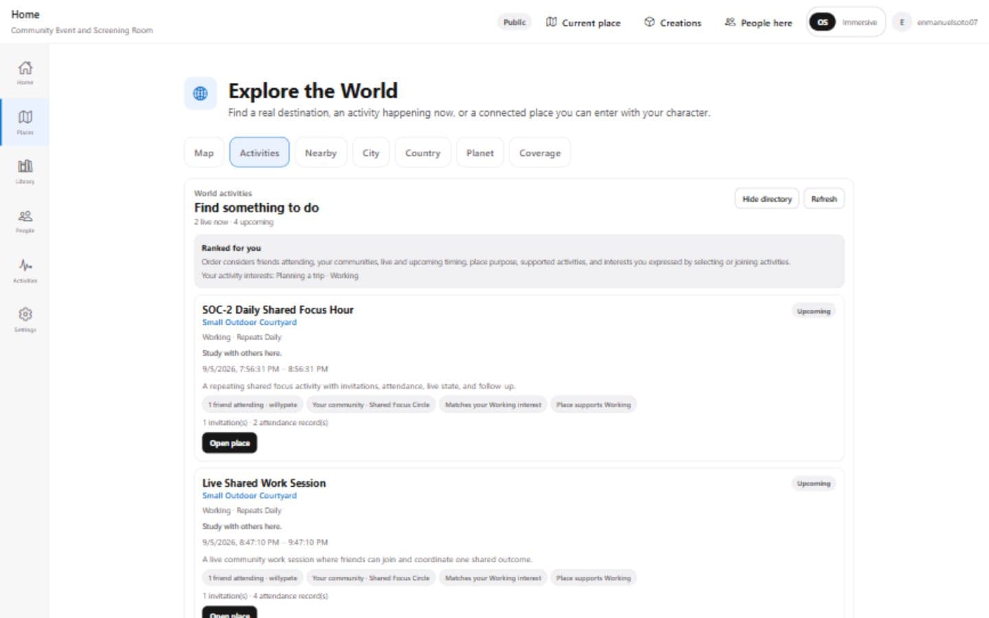 World activities with live and upcoming sessions