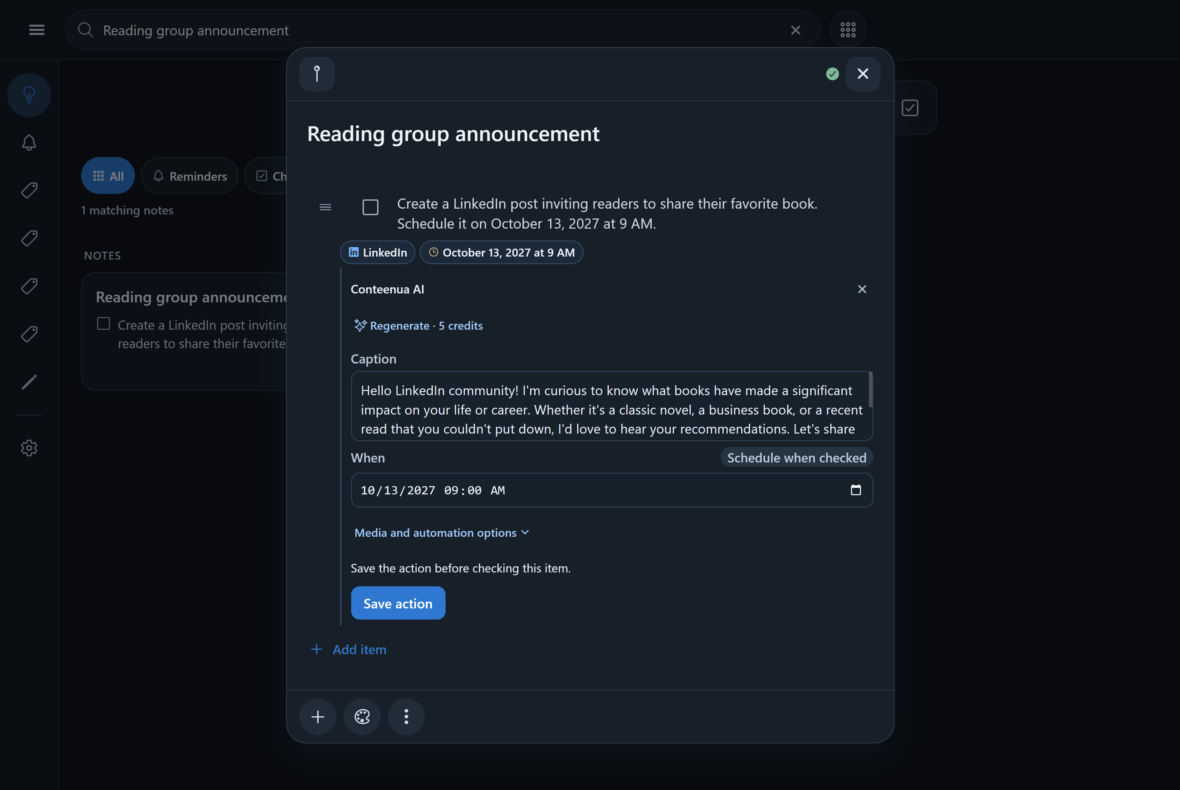 Editor de contenido de Conteenua AI dentro de una lista, con cuenta y fecha seleccionadas
