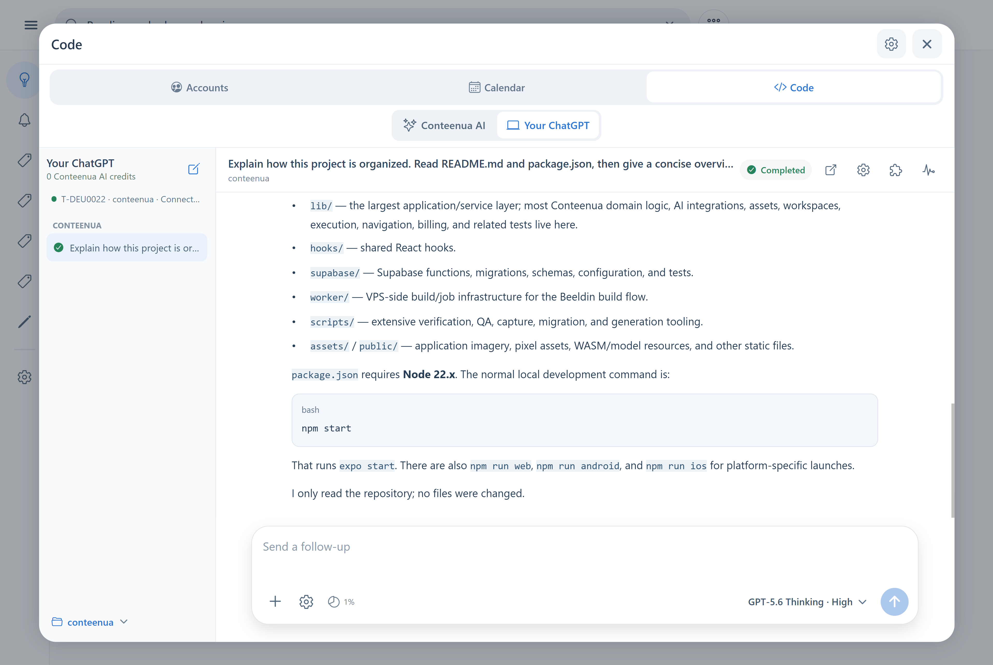 Conversación de programación con ChatGPT completada, con seguimiento en Conteenua